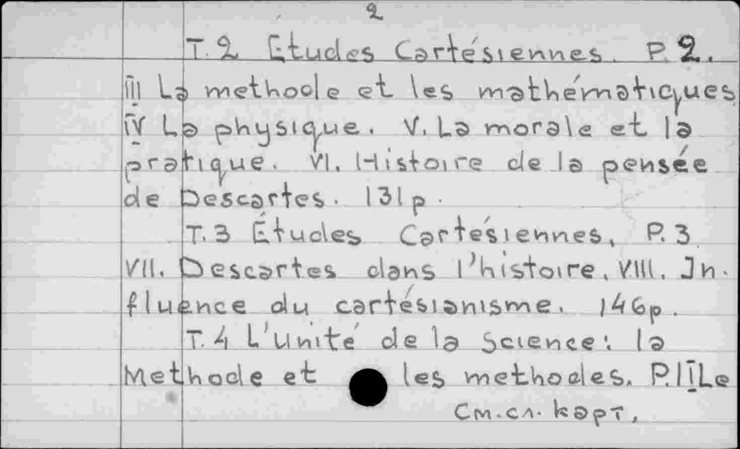 ﻿		% 1 % G.j.ud^S C?> rVp s t e учи es	P^..
	lll L;	> wietkool e ei- \eS	VvCyues S> pVn^Stcyue . \f, La morale et |э hc^ue. /1. HiWoice de la pensee ^escarieb• 13lp ■ T. 3 (tiucles Cs>rie$ > еииеЬ , P. 3
	öt L	
	а£Э	
	de	
		
	/11.	Descartes cIqhs 1 ^Kibiotre ./Ш. JИ •
	f lu<	ihce du Göriebianis^e . )4Gp . T-A L. Uvute de la 5cie^ce\ la
		
	Met,	Lode et	l«S> vvietLodeS, R1 TL® См-сЛ' кэрт .
		
		